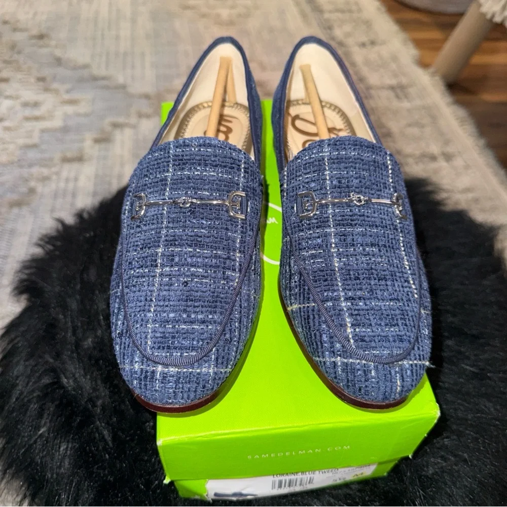 Sam Edelman Denim Blue Tweed Textured Loraine Loafers Shoes Size 5.5 Worn 1x - Picture 1 of 8